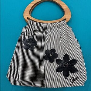 Vintage GUESS Striped Black and White Handbag with Wooden Handle
